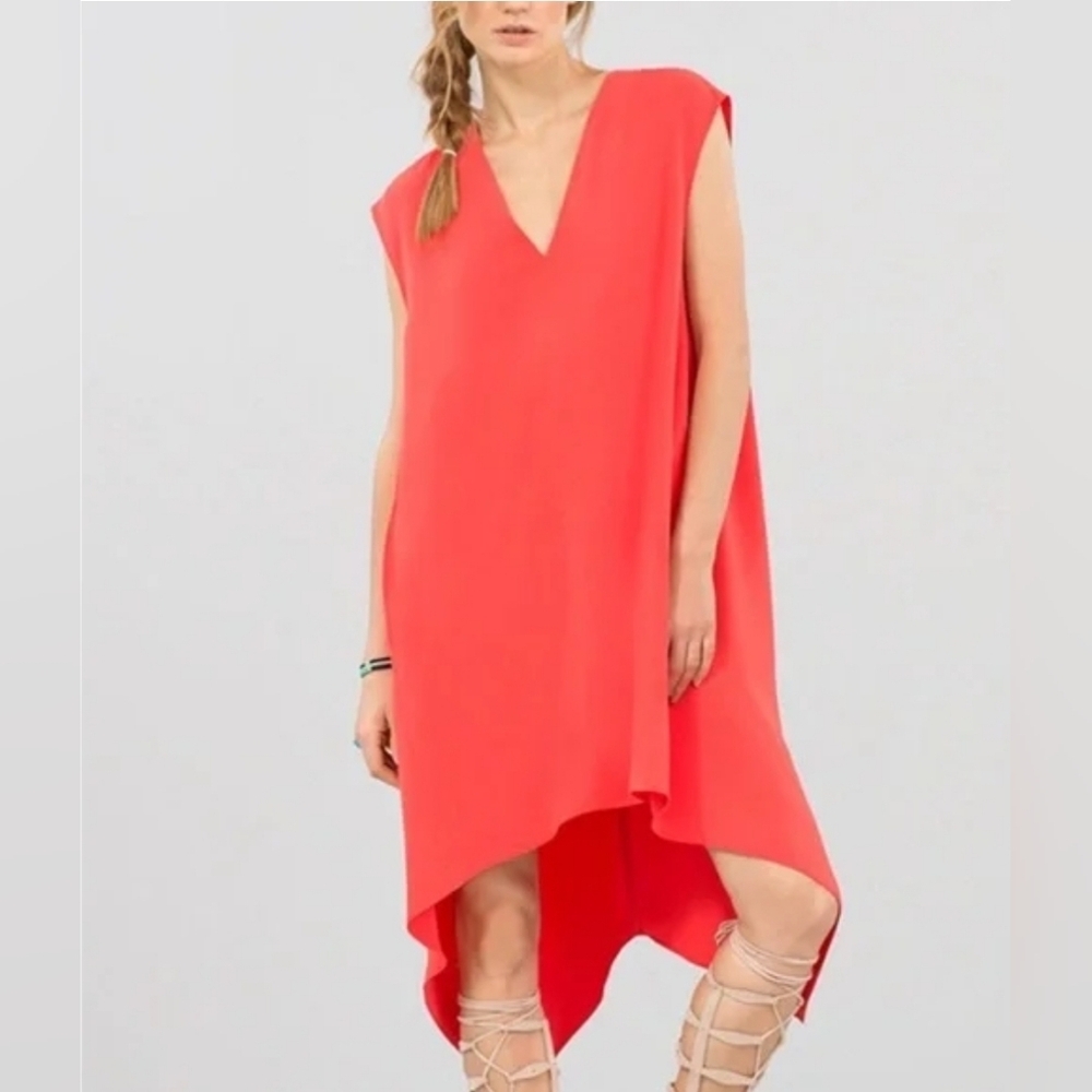 Rachel Roy Hot Coral Sydney Tunic Dress Size XS Pockets Sheath Boho Comfy Hi Low